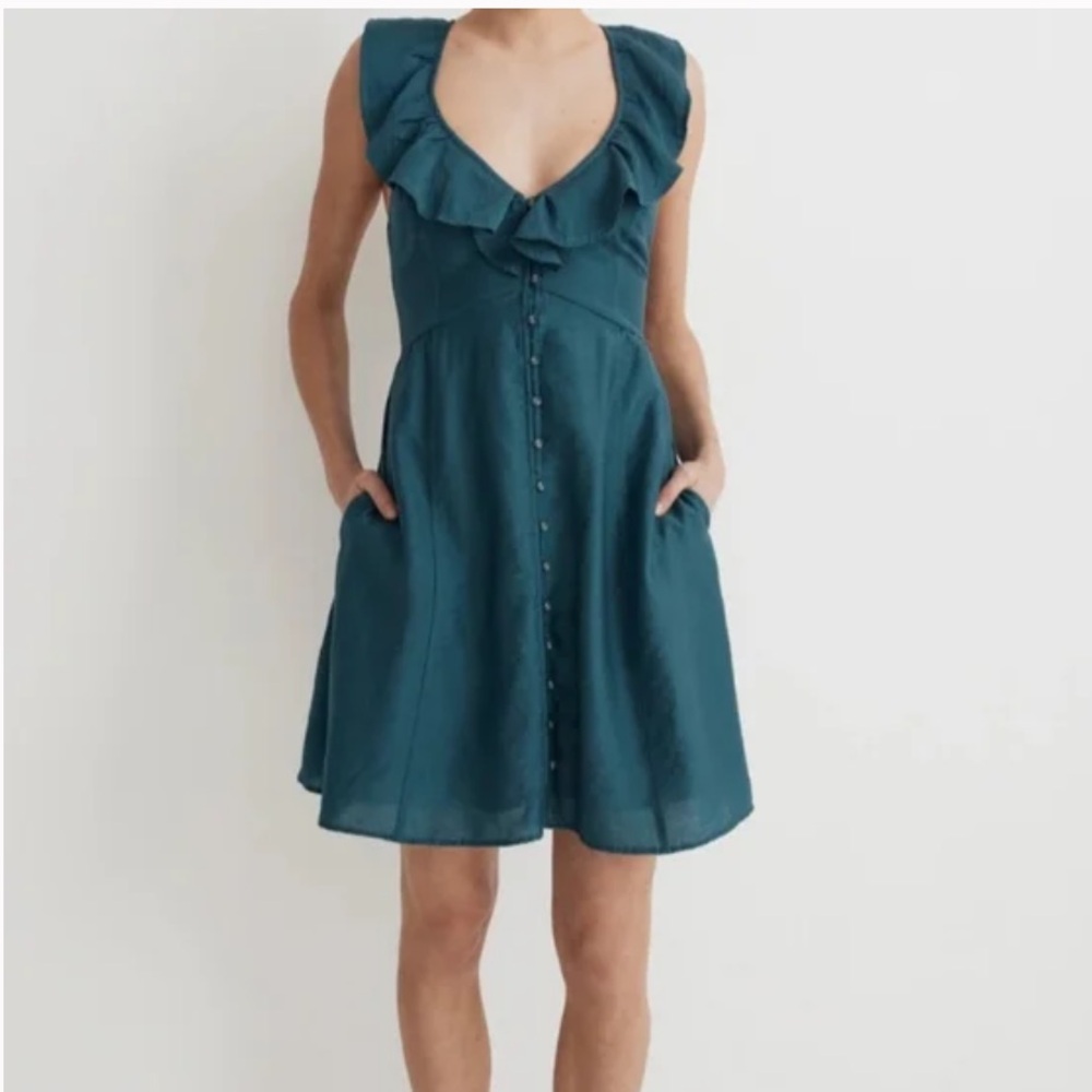 Madewell Ruffle Button-Front Mini Dress in Coastal Sea Blue Jewel Tone